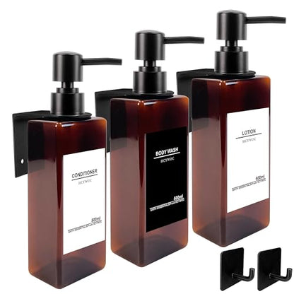 Shampoo and Conditioner Dispenser, No Drill, 16 Waterproof Labels | Shampoo Dispenser for Shower Wall, Shower Soap Dispenser Wall Mounted 3 Chamber, Bathroom, 17oz, Black Amber - color: Amber Bottle + Black Pump
