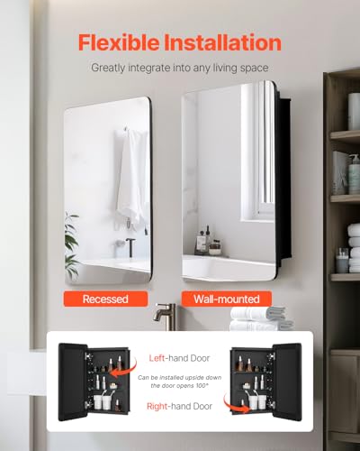 VEVOR Medicine Cabinet, 16 x 24 inch, Medicine Cabinet for Bathroom with Mirror, Aluminum Frame Bathroom Wall Cabinet, 2-Layer Adjustable Shelves, Recessed & Wall-Mounted Installation - size: 16x24in