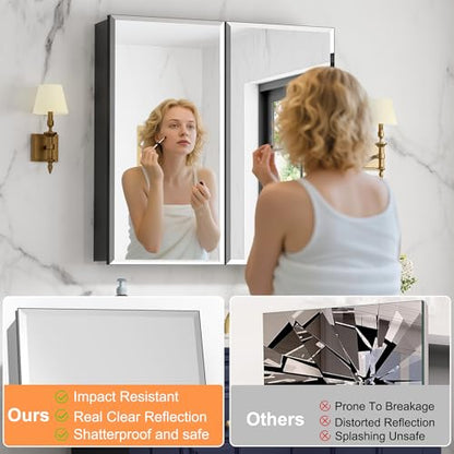 30x30 Inch Medicine Cabinet with Beveled Mirror, Aluminum Medicine Cabinet | Double Side Mirror Door, Adjustable Shelves, Soft-close Hinge, Surface or Recessed Mount Bathroom Mirrors with Storage - size: 30 in. x 30 in.