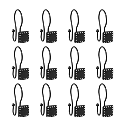 Shower Hooks - Double Shower Curtain Rings for Bathroom - Rust Resistant Shower Curtain Hooks for Shower Curtain or Liner - Shower Curtain Rings with Crystal Design - Set of 12, Matte Black - color: Black