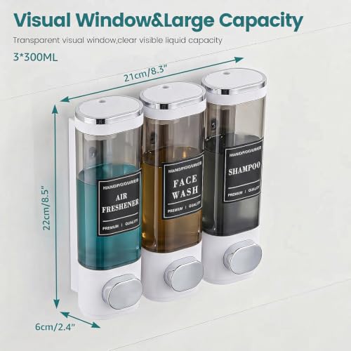 Shower Soap Dispenser 3-Chamber Wall Mount Shampoo Dispenser, White | Latch design No Drill Shampoo and Conditioner Dispenser for Bathroom Hotel, Durable ABS Material Large Capacity - color: 3white
