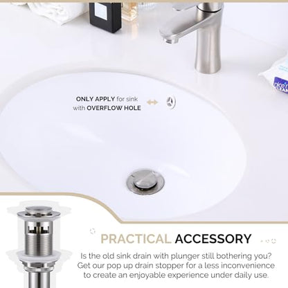 Angle Simple Pop Up Sink Drain Stopper with Overflow, Brushed Nickel | Brass Drain Stopper Assembly, Fits Lavatory & Vanity Sink with 1.61 to 2 Inches Drain Hole - color: Brushed Nickel