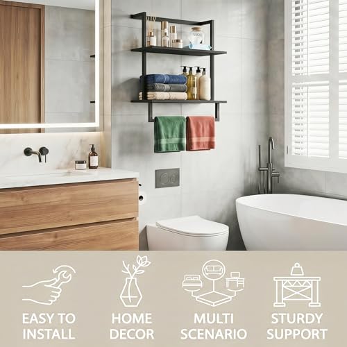 Wall Mounted Towel Rack for Bathroom Black | Bath Storage Holder, 3-Tier 15.7" Wide, Steel Wood Towel Shelf with Bar - color: Black