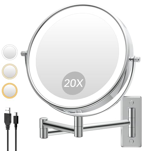 1X/20X Wall Mount Makeup Mirror with Lights and Magnification, Chrome | 8" Double Sided Wall Mounted Magnifying Mirror with 360° Swivel Extension Arm, Dimmable, Rechargeable, Touch Control, Silver - color: Chrome