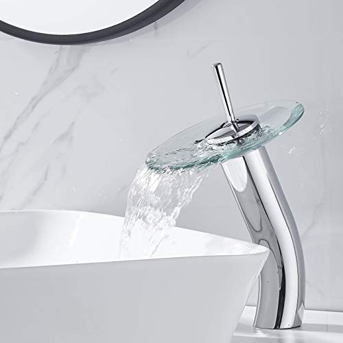 Waterfall Bathroom Faucet Glass Single Handle Solid Brass Basin Lavatory Vessel Sink Vanity Faucet, Tall, Polished Chrome … - color: Polished Chrome
