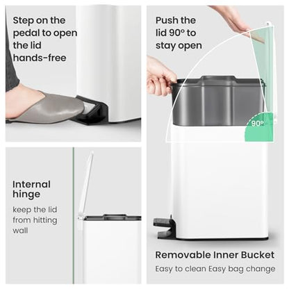 Cesun Small Bathroom Trash Can with Lid, 1.6 Gal, Soft Close, White | Step pedal soft close, Slim 5.9in fits narrow spaces, Stainless steel, Anti-fingerprint, Removable inner bucket, Odor seal - color: White