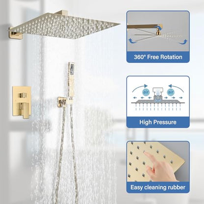 Shower Faucet Rain Shower System with 12 Inches Rainfall Shower Head and Handheld Spray Combo Bathroom Shower Faucet Set Complete Brushed Gold Shower Valve and Trim Kit Wall Mounted - color: Brushed Gold, size: Brushed Gold-12''