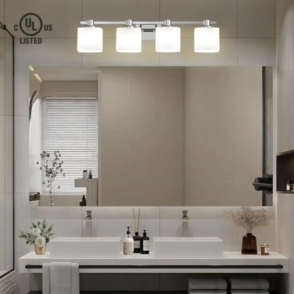 32 Inch Chrome Bathroom Light Fixtures Over Mirror 4 Light Bathroom Vanity Light Silver Modern Industrial Makeup Lighting Wall Sconce Shower Farmhouse Rustic Milk Glass Lamp Above Desk Sink - color: Polished Chrome, size: 32 Inches