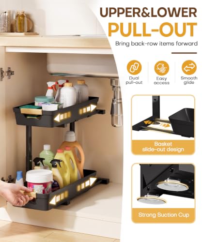 Homde Sliding Under Sink Organizer: 2-Pack Pull-Out Rack for Kitchen | 4 Easy-Access Baskets for Cluttered Cabinets - Busy Families Find Everything Instantly - Full-Extension Glide Design