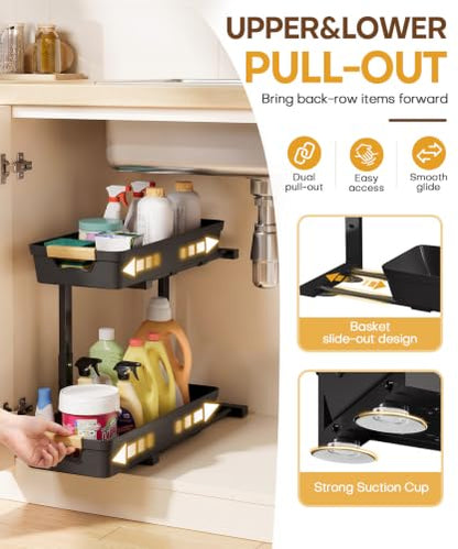 Homde Sliding Under Sink Organizer: 2-Pack Pull-Out Rack for Kitchen | 4 Easy-Access Baskets for Cluttered Cabinets - Busy Families Find Everything Instantly - Full-Extension Glide Design
