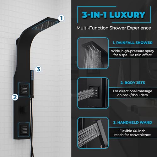 ANZZI Aura 2 Jetted Shower Panel With Heavy Rain Shower & Spray Wand | Easy Retrofit Design For Super Simple Diy Installation, Installs To Existing Water Line, Need Cut Walls Rework Plumbing