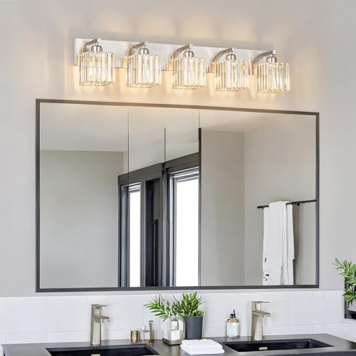Modern Vanity Light 5-Lights Brushed Nickel Vanity Light Crystal Bathroom Wall Light Bathroom Light Fixtures - color: Nickel Straight, size: 5-light