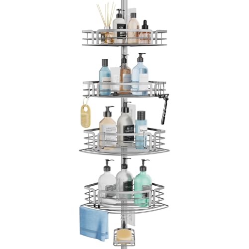 Consumest Corner Shower Caddy Tension Pole - Rustproof Shower Shelves with Towel Bar & Soap Holder, Adjustable Bath Organizer for Bathroom Storage, 27.6-108.3 inch, Silver - color: Silver