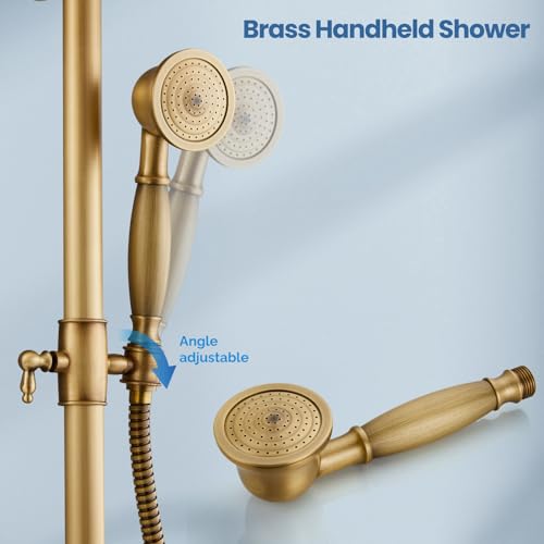 Airuida Antique Brass Exposed Shower System with Handheld Spray | Single Handle,Wall Mount,8 Inch Rainfall Shower Head,Dual Function,Exposed Pipe Fixture for Bathroom - color: Antique Brass