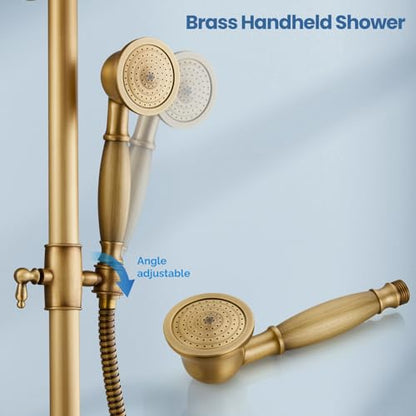Airuida Antique Brass Exposed Shower System with Handheld Spray | Single Handle,Wall Mount,8 Inch Rainfall Shower Head,Dual Function,Exposed Pipe Fixture for Bathroom - color: Antique Brass
