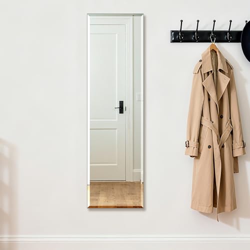 Ruomeng Frameless Full Length Mirror for Wall, 48x14 Inch Bathroom Vanity Mirror Farmhouse, Large Rectangle Mirror with Beveled Edge, Tempered Glass, Hangs Horizontally or Vertically - size: 48"L x 14"W