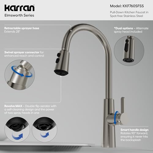 Karran Elmsworth Spot-Free Stainless Steel Commercial Style Pull-Down Kitchen Faucet with Dual Interchangeable Spray Heads, 5-Function Revolve MAX & 3-Function Revolve Mini Aerator, High-Arc Spout - color: Spot Free Stainless Steel
