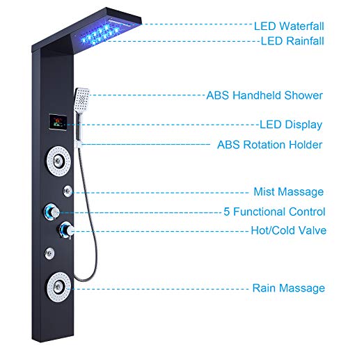 ELLO&ALLO LED Rainfall Waterfall Shower Head Rain Massage System with Body Jets Stainless Steel Bathroom Shower Panel Tower System, Brushed Black