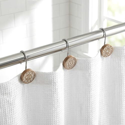 BreezeHug 12pcs Boho Shower Curtain Hooks Decorative Shower Curtain Hangers for Bathroom Rod Resin Round Rings with Brown Floral Pattern, Waterproof - style: Geometry