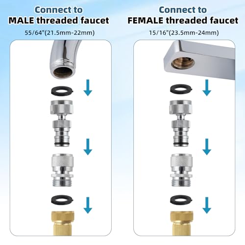 Hibbent Faucet Adapter Kit, Swivel Adapter to Connect Garden Hose - Multi-Thread Solid Brass Quick Connector Garden Hose Fitting 3/4 Inch - Chrome - color: Chrome, style: Swivel Garden Hose Adapter with Quick Connector