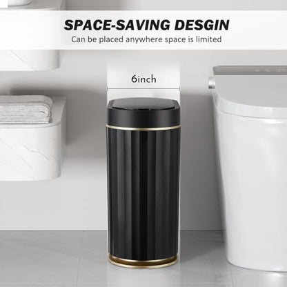 ELPHECO Black Bathroom Trash Can with Lid 2 Gallon Sensor Trash Bin, Automatic Narrow Garbage Can, Waterproof Smart Trash Can, Slim Motion Sensor Waste Bins for Bathroom, Living Room, Office | Automatic Garbage Can, IPX5 Waterproof Plastic Wastebasket, Sl