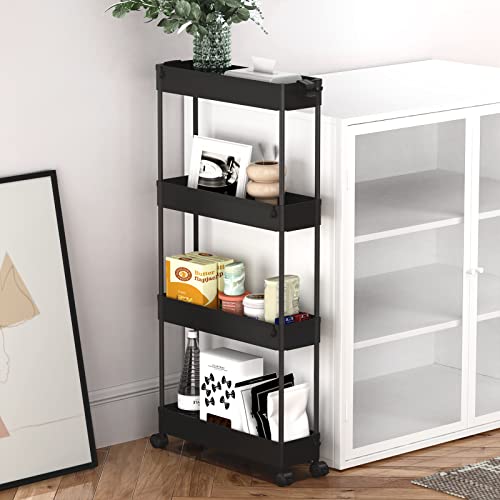 Slim Storage Cart 4 Tier,Bathroom Organizer Rolling Utility,Mobile Shelving Unit Slide Out for Office, Kitchen, Laundry Room & Narrow Places,Black - color: Black