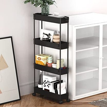 Slim Storage Cart 4 Tier,Bathroom Organizer Rolling Utility,Mobile Shelving Unit Slide Out for Office, Kitchen, Laundry Room & Narrow Places,Black - color: Black