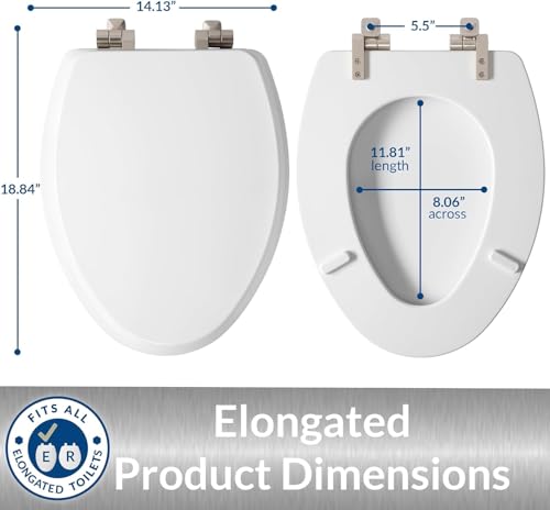 Mayfair Bennett Toilet Seat with Brushed Nickel Hinges, Slow Close Wood Seat, Secure Metal Hinges, Easy Install, Elongated, White - color: Brushed Nickel, size: Elongated