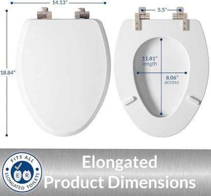 Mayfair Bennett Toilet Seat with Brushed Nickel Hinges, Slow Close Wood Seat, Secure Metal Hinges, Easy Install, Elongated, White - color: Brushed Nickel, size: Elongated