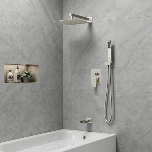 SR SUN RISE 12 Inch All Metal Square Shower System with Tub Spout, Tub Shower Faucet Set, High Pressure Rain Shower Head and Handheld Sprayer Shower Fixtues, Valve Included, Brushed Nickel - color: Brushed Nickel, size: 12 Inch