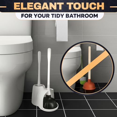 2 in 1 Toilet Plunger and Brush Set White, 9.3×6.3×15.2 in | Toilet Brush and Plunger Set White with Stiff Bristles, Strong Vacuum Suction and Holder, Easy to Place and Simple to Store - color: White With Plunger