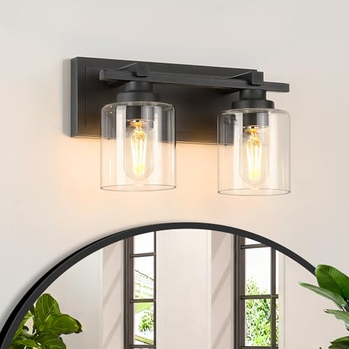 Modern Bathroom Light Fixtures Over Mirror, Vanity Lights for Bathroom Wall Sconces with Clear Glass Shades, E26 Socket (Bulbs Not Included), 2 Light, Black - color: Black - Clear Glass Shades, size: 2-Lights