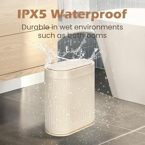 SYNCVIBE Bathroom Trash Can with Lid, 2 Gallon, Automatic Lid, Beige | Motion Sensor Garbage Can, 7.5 Liter Smart Trash Bin, IPX5 Waterproof Narrow Plastic Wastebasket for Bedroom and Office - color: Beige
