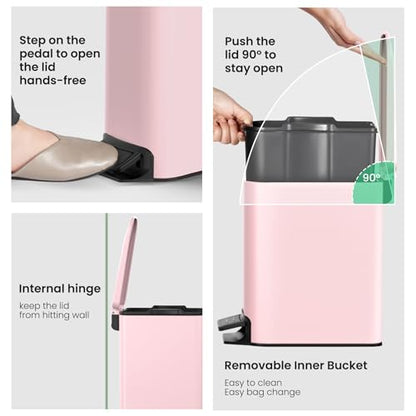Cesun Small Bathroom Trash Can with Lid, 1.6 Gal, Soft Close, Pink | Step pedal soft close, Slim 5.9in fits narrow spaces, Stainless steel, Anti-fingerprint, Removable inner bucket, Odor seal - color: Pink