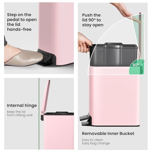 Cesun Small Bathroom Trash Can with Lid, 1.6 Gal, Soft Close, Pink | Step pedal soft close, Slim 5.9in fits narrow spaces, Stainless steel, Anti-fingerprint, Removable inner bucket, Odor seal - color: Pink