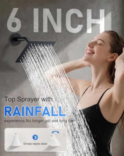 Woindo 4 Function Shower Faucet Set 12" Rain Shower Head/6'' Side Shower Head and 3 Setting Handheld Ceiling Mount Push Button Diverter Complete Rainfall Round Shower System Included Valve Trim Kit - color: Matte Black, style: 4-Function-Ceiling