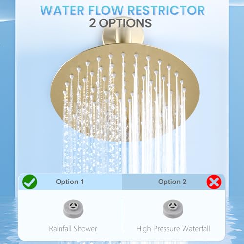 Brushed Gold Round Rainfall Shower Head, All Metal Stainless Steel Rain Shower Heads with 90 Anti-Clog Silicone Nozzles, Wall or Ceiling Mount, 8 inch - color: Brushed Gold, size: 8 Inch