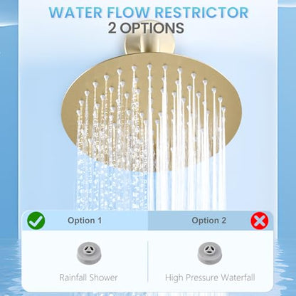 Brushed Gold Round Rainfall Shower Head, All Metal Stainless Steel Rain Shower Heads with 90 Anti-Clog Silicone Nozzles, Wall or Ceiling Mount, 8 inch - color: Brushed Gold, size: 8 Inch