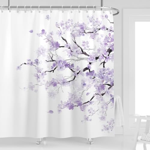 Purple Floral Standard Shower Curtain, Japanese, 72" W x 72" L | 12 Hooks, Lavender Sakura Watercolor Pattern, Elegant Cherry Blossom Art, Cute Girly Aesthetic, Bathroom Decor - color: Purple White, size: 72"W x 72"L (Pack of 1)