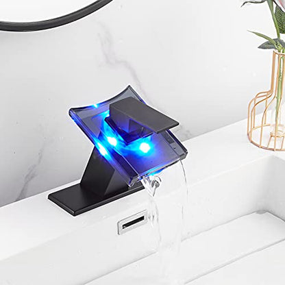 Black Bathroom Faucet Led Light 3 Color Changing Waterfall Glass Spout | Battery Power Lavatory Vanity Sink Faucet Single Handle One Hole Deck Mount Modern Designer Basin Tap - color: Black, style: with Led light
