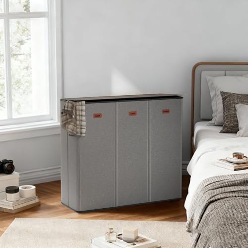 185L Laundry Hamper 3 Section with Lid, Grey Hamper 3 Compartment with 3 Removable Laundry Bags, Large Laundry Basket for Bedroom, Laundry Room, Dorm - color: Grey