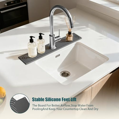 2-Piece Stone Faucet Mat for Kitchen Sink, Split Water-Absorbing Sink Tray with Center Faucet Opening, Dark Gray, 23.6 x 3.9 Inches Combined - color: Gray-Long