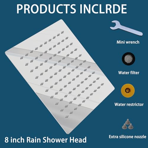 Rain Shower head, High Pressure High Flow Stainless Steel Square Rainfall ShowerHead, Awesome Shower Experience Even At Low Water Flow (8" Chrome Finish) - size: 8 Inch