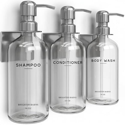 Clear Shampoo and Conditioner Dispenser Set Wall Mounted by Brighter Barns - Wall Mounted Shower Shampoo Dispenser for Shower Wall - Refillable Shower Soap Bottles 3 Chamber No Drill (Clear/Silver) - color: Modern (Clear Silver)