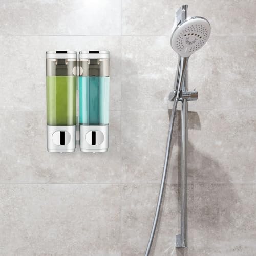 Pollock Shampoo and Conditioner Dispenser 2 Chamber No Drill | Shower Soap Pump Dispenser Wall Mounted,Body Wash Dispenser,Shower Gel Shampoo Holder for Bathroom Accessories, (Silver 2) - color: Silver 2