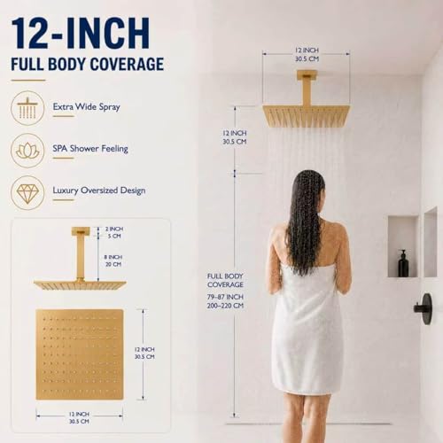 Rainfall Shower Head, BSTIIU 12 Inch Square Shaped Rain Shower Head, Ultra Thin Stainless Steel Ceiling or Wall Mounted Showerheads, Brushed Brass Gold - color: Brushed Brass Gold, size: 12-Inches, style: Square
