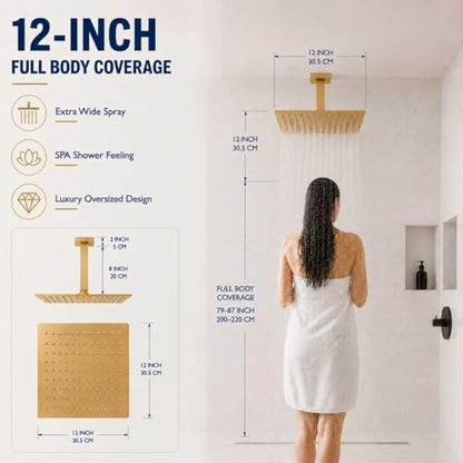 Rainfall Shower Head, BSTIIU 12 Inch Square Shaped Rain Shower Head, Ultra Thin Stainless Steel Ceiling or Wall Mounted Showerheads, Brushed Brass Gold - color: Brushed Brass Gold, size: 12-Inches, style: Square