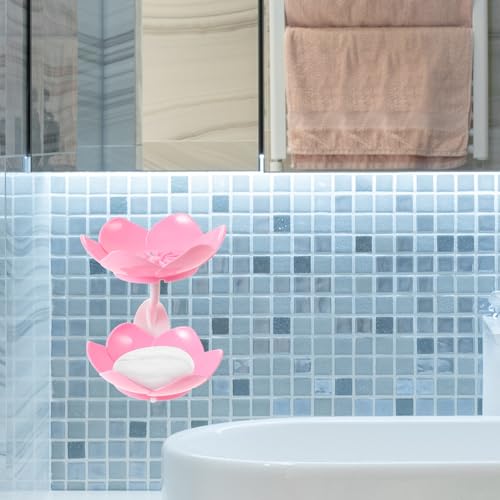 TOYANDONA Double Layer Lotus Soap Dish with Drain Pink Plastic Soap Holder Storage Rack for Bathroom Wall Mount No Drilling Suction Cup
