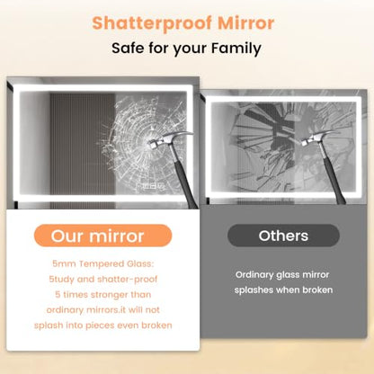 Front Lit LED Bathroom Mirror 24x32, Wall Mounted Lighted Vanity with Dimmable Anti-Fog Smart Memory, Shatter-Proof Glass, Horizontal or Vertical - size: 24"L x 32"W
