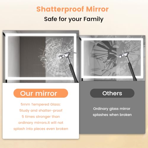 Front Lit LED Bathroom Mirror 40x24, Wall Mounted Lighted Vanity with Dimmable Anti-Fog Smart Memory, Shatter-Proof Glass, Horizontal or Vertical - size: 40"L x 24"W